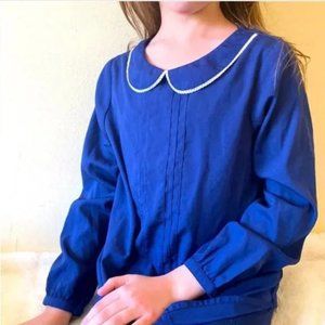 3/$25 Beebay Girl Navy Blue Long Sleeve Blouse PeterPan collar